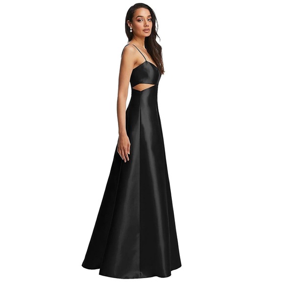 Alfred Sung Gown Dress Black Satin Maxi Cut Out Sleeveless Slit D840 - Picture 3 of 15